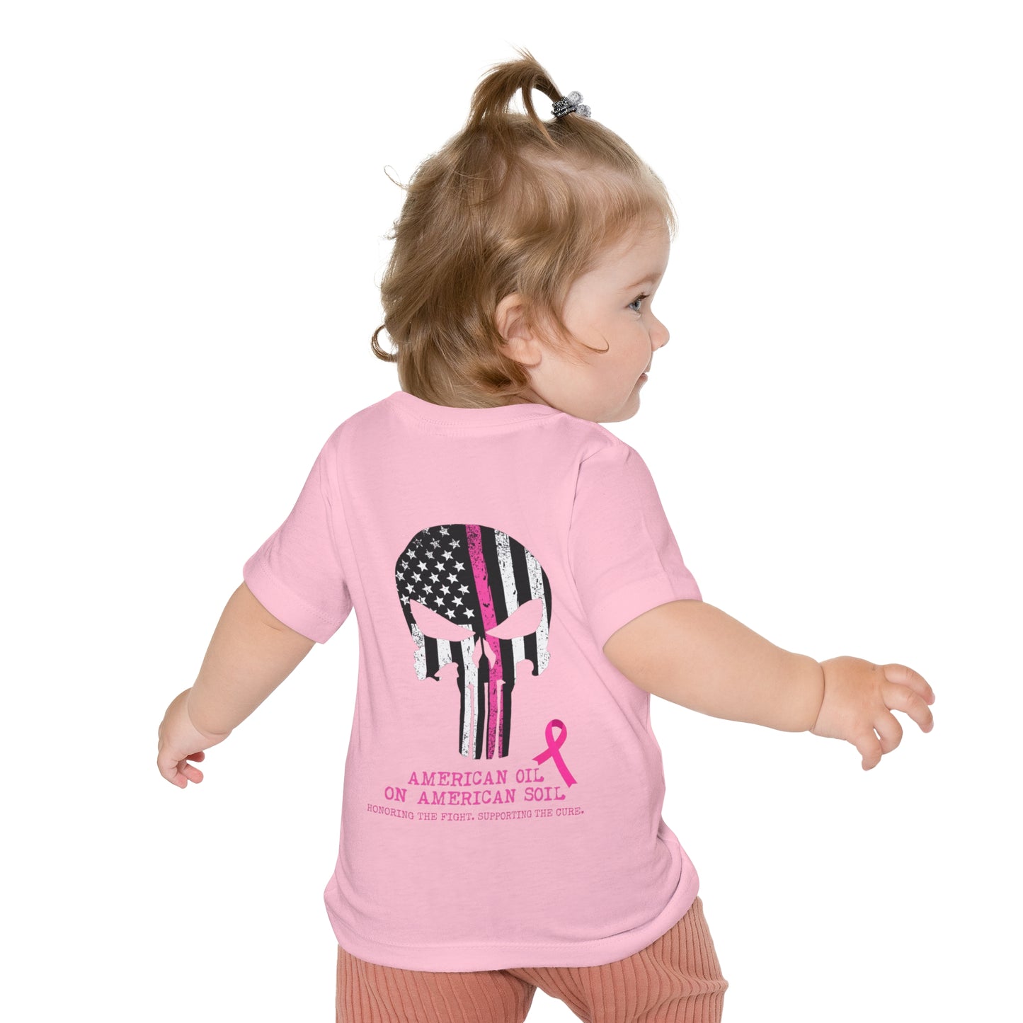 Baby T-Shirt — Pink Ribbon Punisher Skull "American Oil on American Soil"