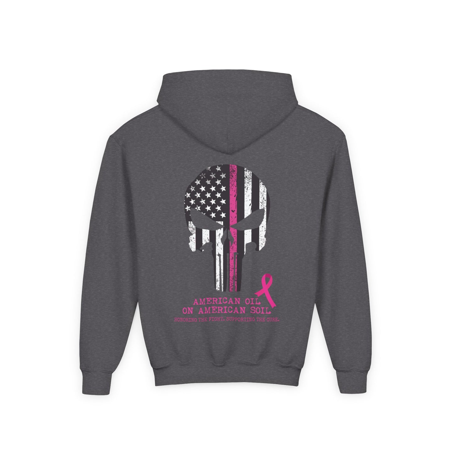 Youth Hoodie - 'American Girl, American Soil' Pink Ribbon Patriotic Skull Breast Cancer Awareness