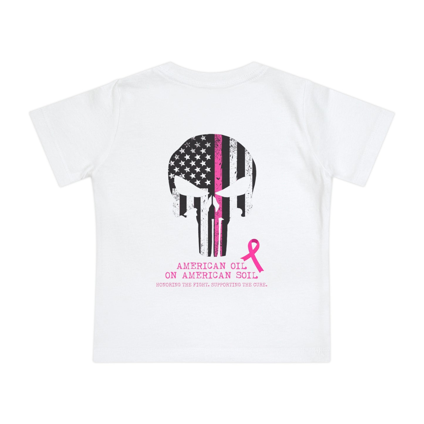 Baby T-Shirt — Pink Ribbon Punisher Skull "American Oil on American Soil"