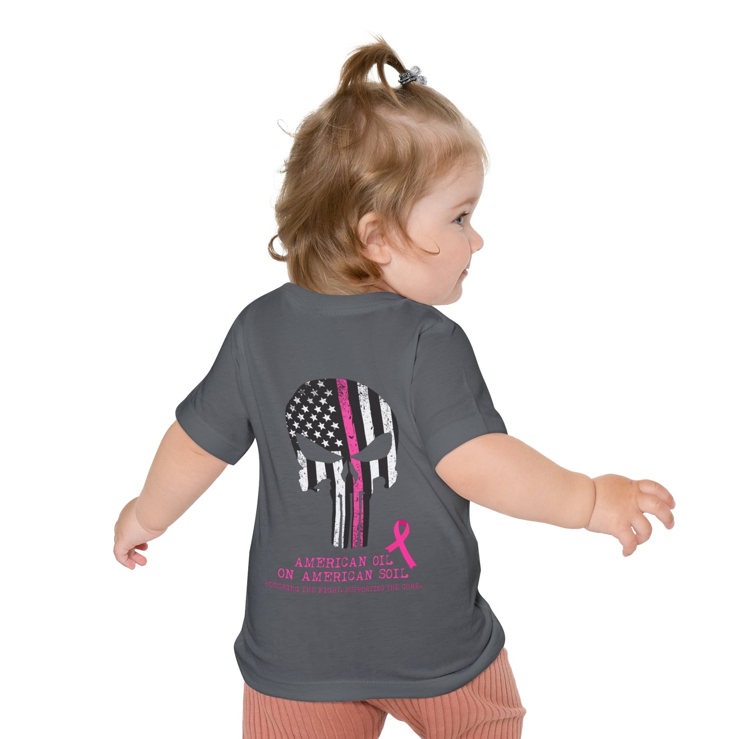 Baby T-Shirt — Pink Ribbon Punisher Skull "American Oil on American Soil"