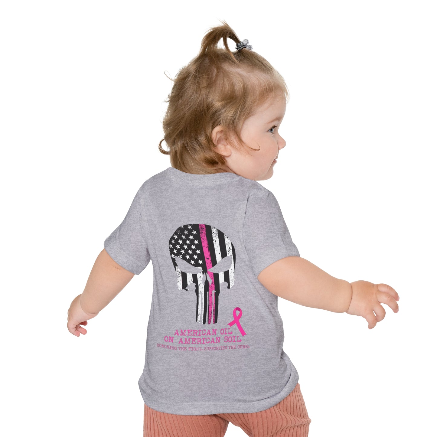 Baby T-Shirt — Pink Ribbon Punisher Skull "American Oil on American Soil"