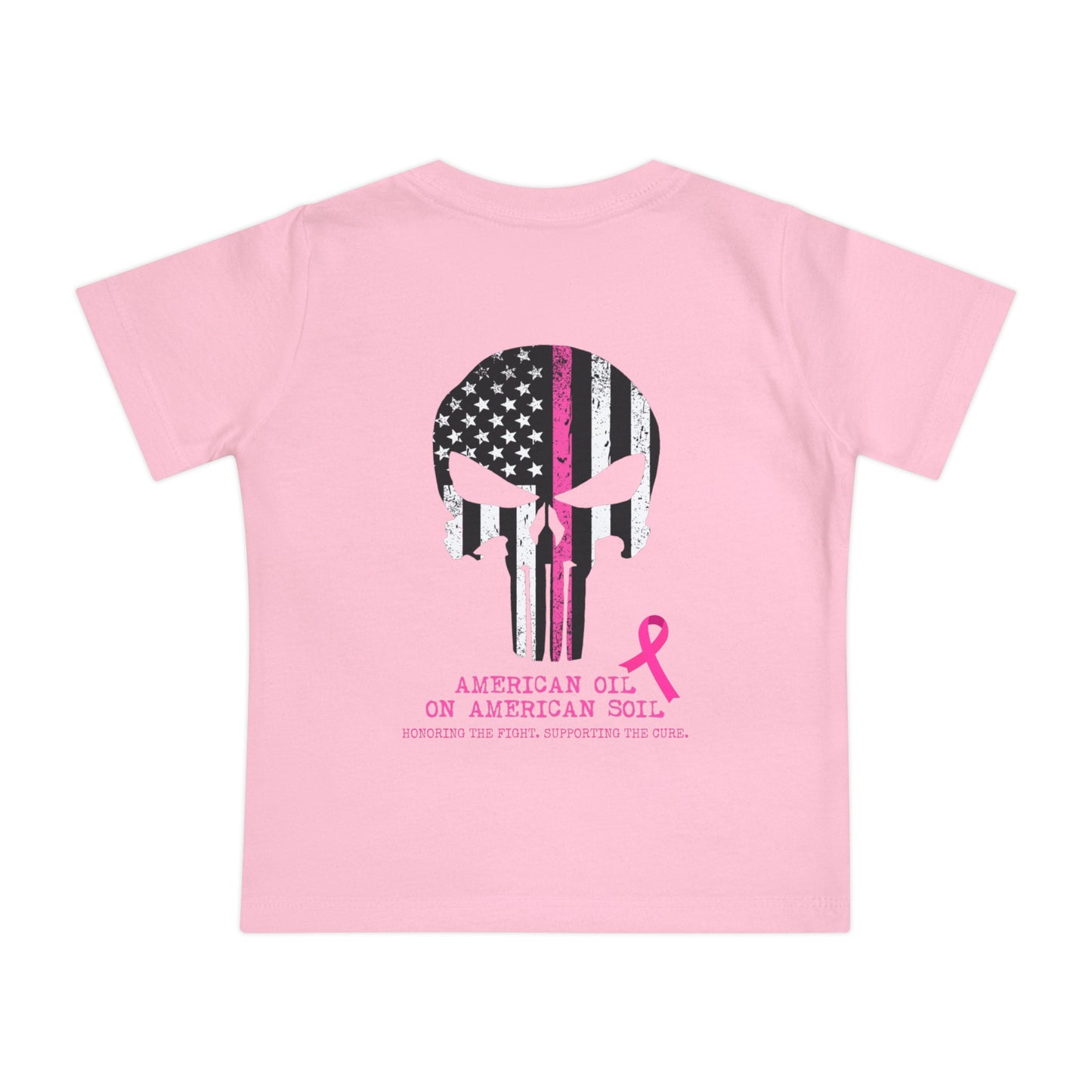 Baby T-Shirt — Pink Ribbon Punisher Skull "American Oil on American Soil"