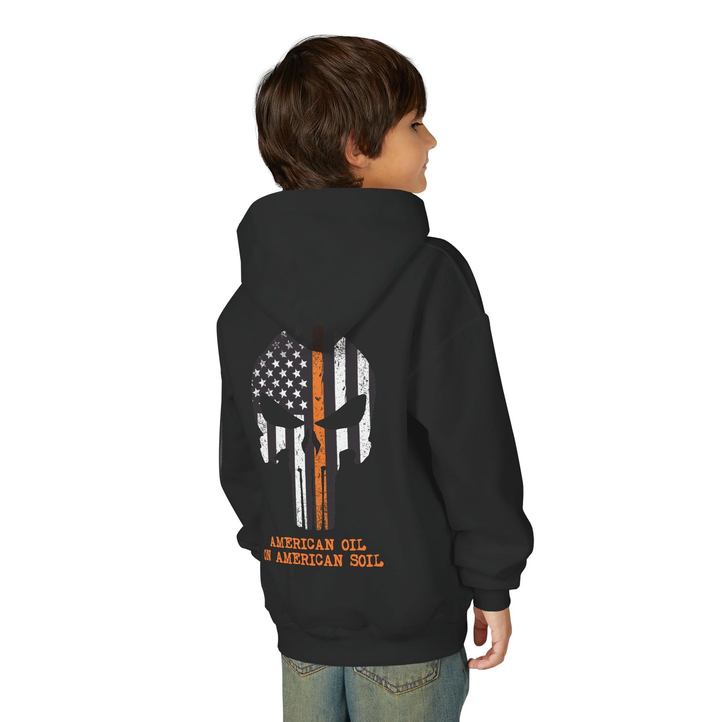 Youth Hoodie — American Oil Skull Flag Design ("American Oil on American Soil")