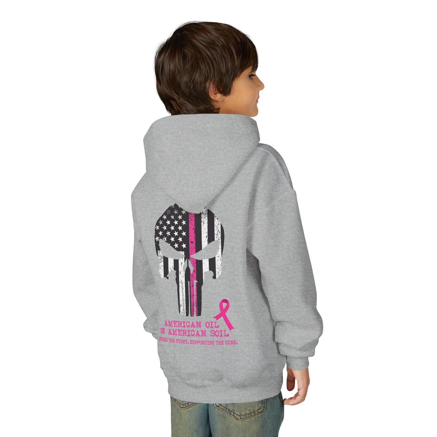 Youth Hoodie - 'American Girl, American Soil' Pink Ribbon Patriotic Skull Breast Cancer Awareness