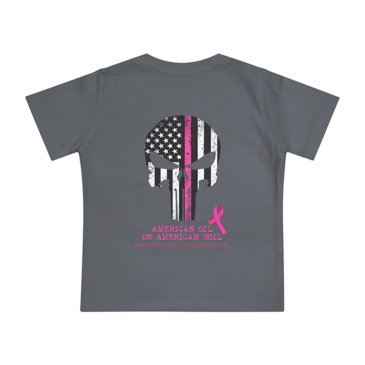 Baby T-Shirt — Pink Ribbon Punisher Skull "American Oil on American Soil"
