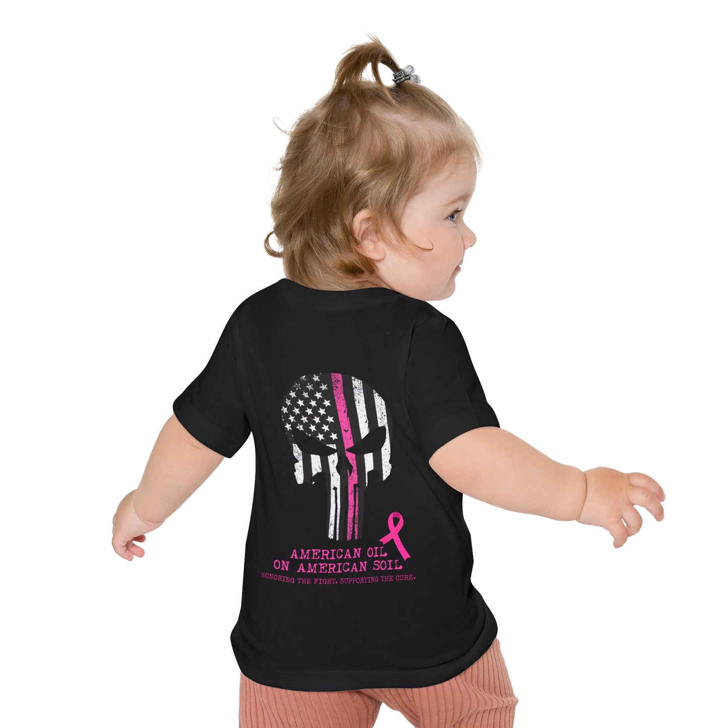 Baby T-Shirt — Pink Ribbon Punisher Skull "American Oil on American Soil"