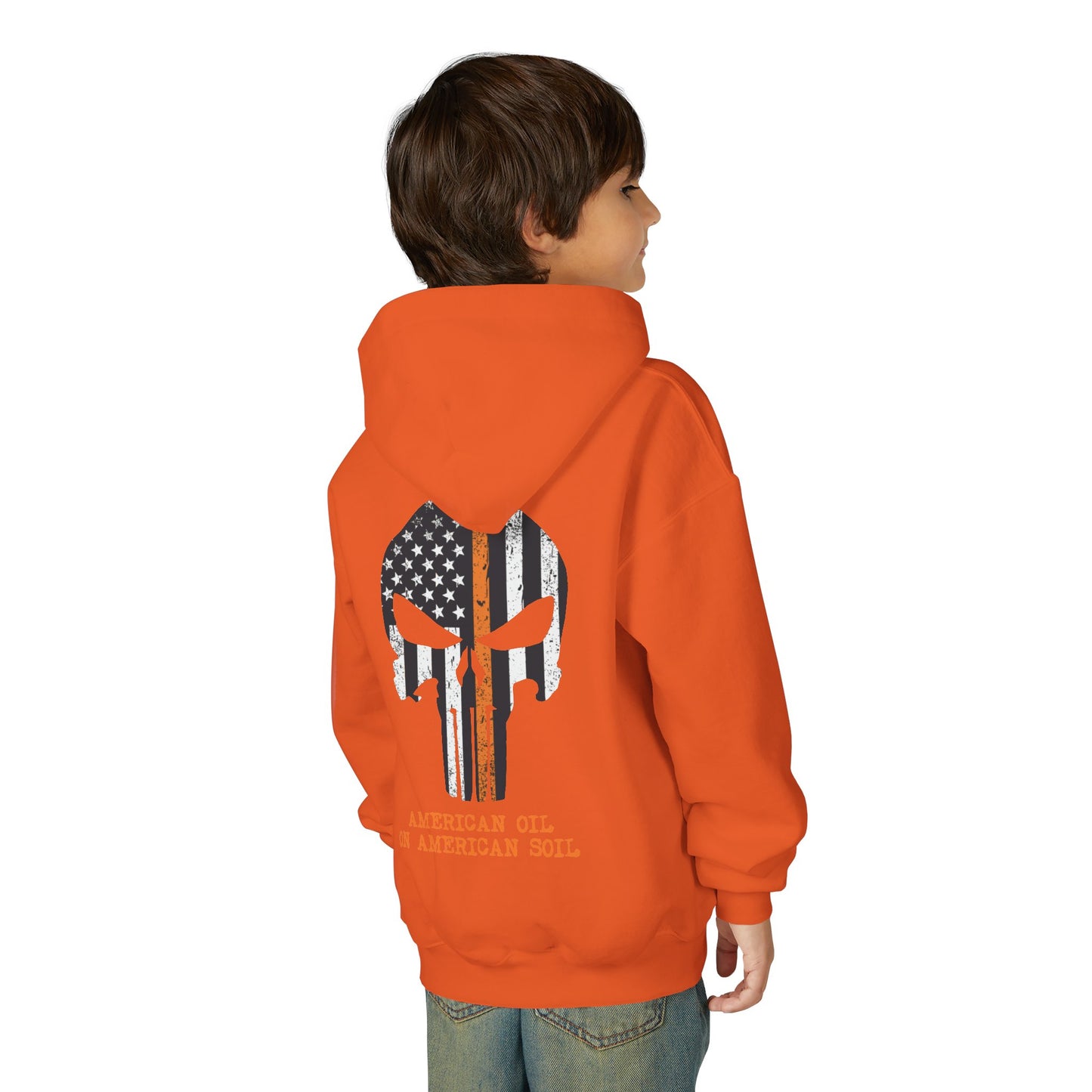 Youth Hoodie — American Oil Skull Flag Design ("American Oil on American Soil")