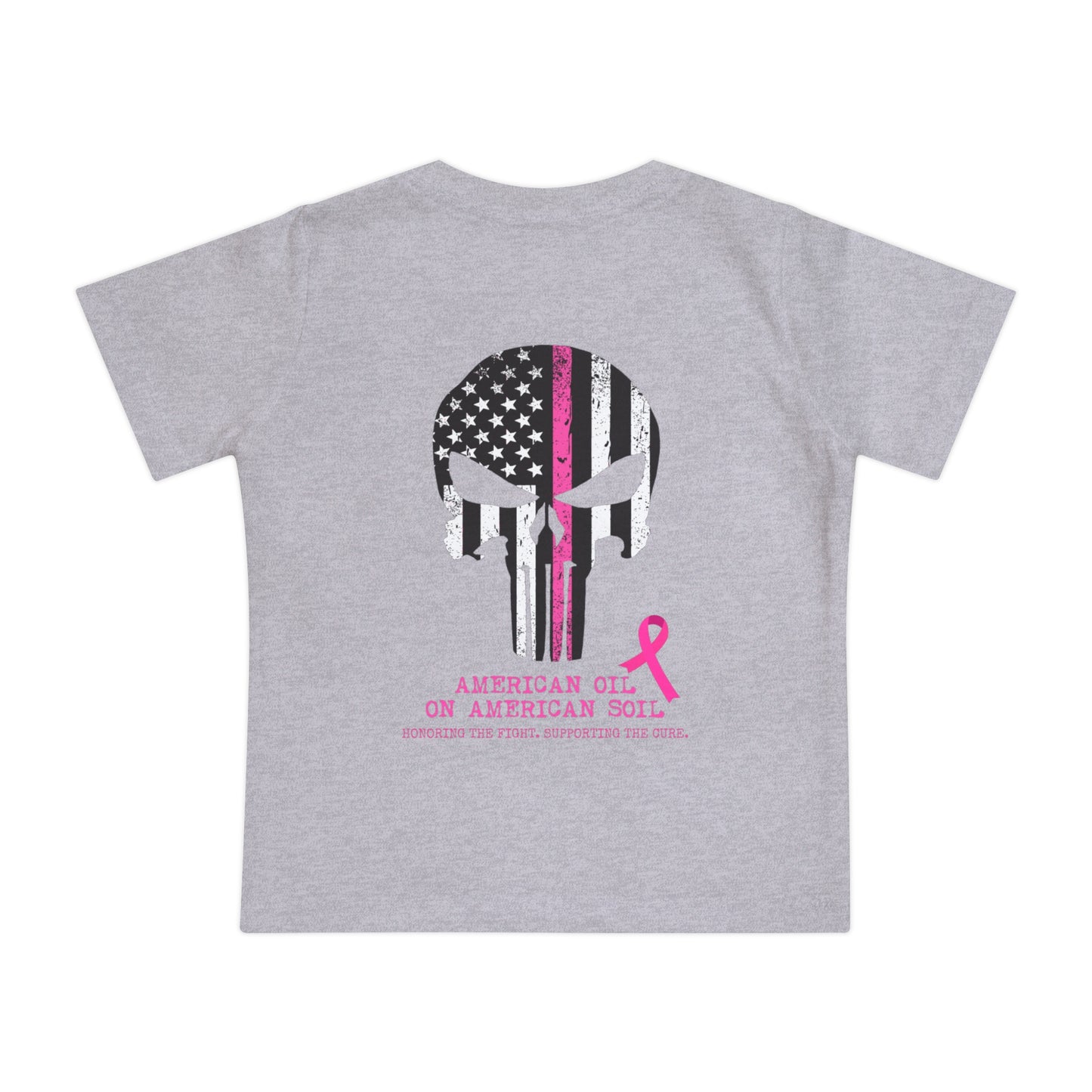Baby T-Shirt — Pink Ribbon Punisher Skull "American Oil on American Soil"