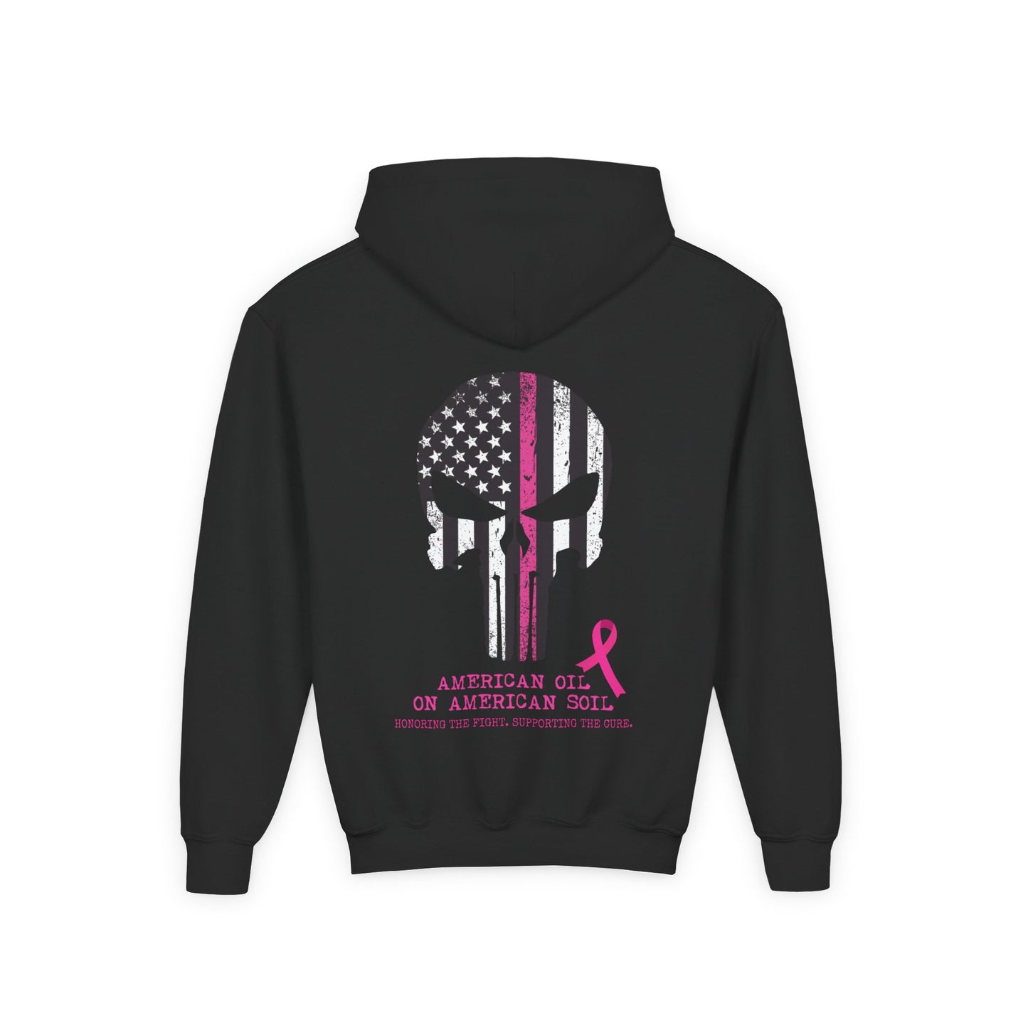 Youth Hoodie - 'American Girl, American Soil' Pink Ribbon Patriotic Skull Breast Cancer Awareness