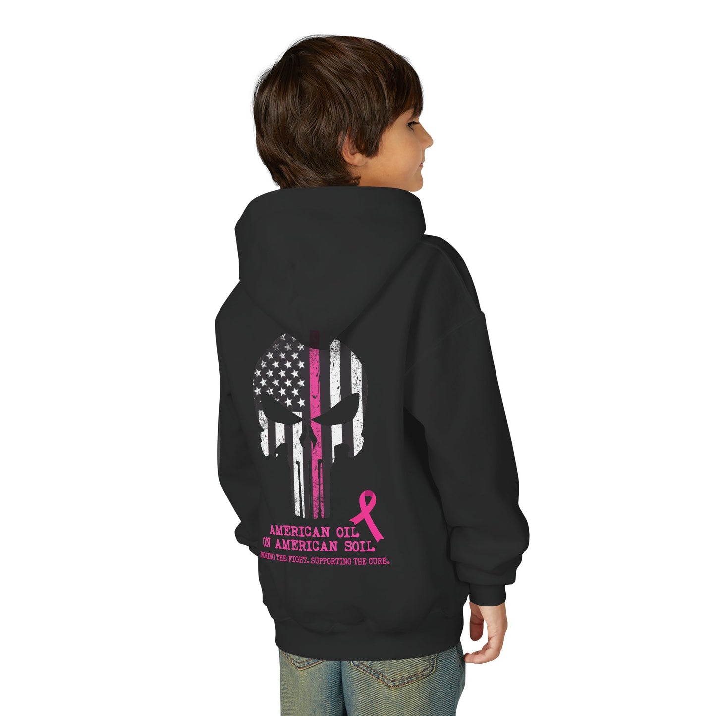 Youth Hoodie - 'American Girl, American Soil' Pink Ribbon Patriotic Skull Breast Cancer Awareness