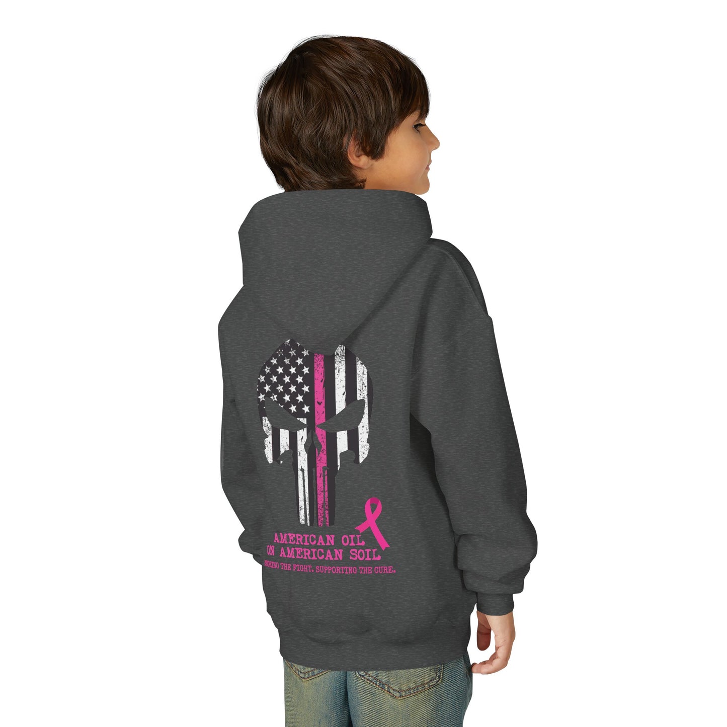 Youth Hoodie - 'American Girl, American Soil' Pink Ribbon Patriotic Skull Breast Cancer Awareness