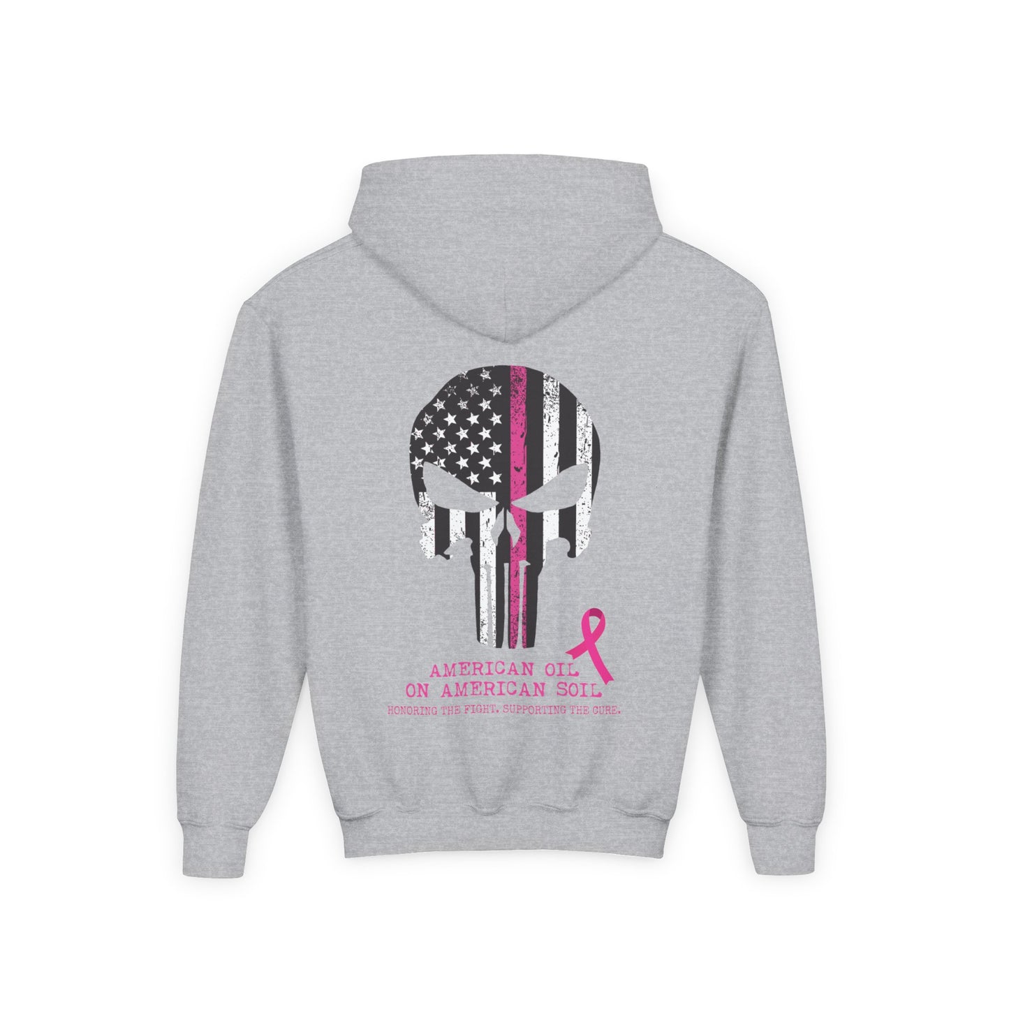 Youth Hoodie - 'American Girl, American Soil' Pink Ribbon Patriotic Skull Breast Cancer Awareness