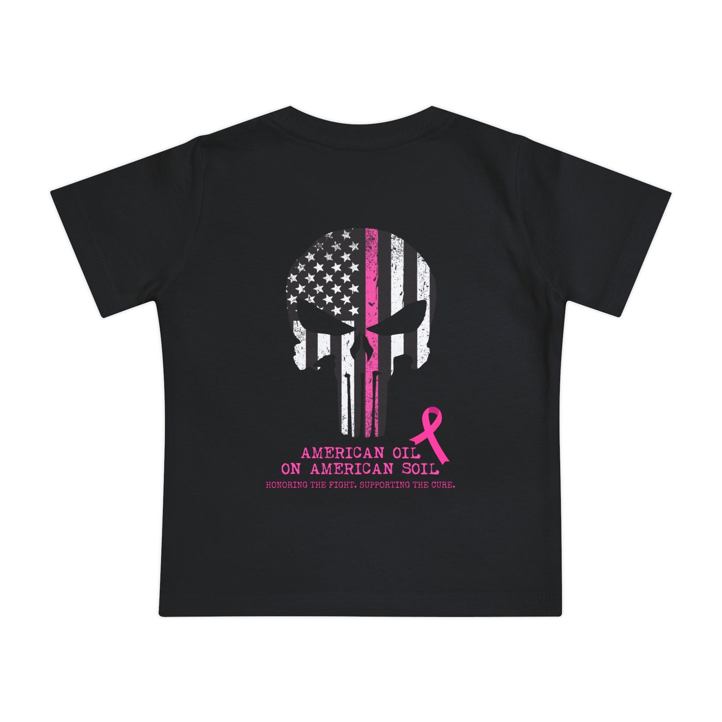 Baby T-Shirt — Pink Ribbon Punisher Skull "American Oil on American Soil"
