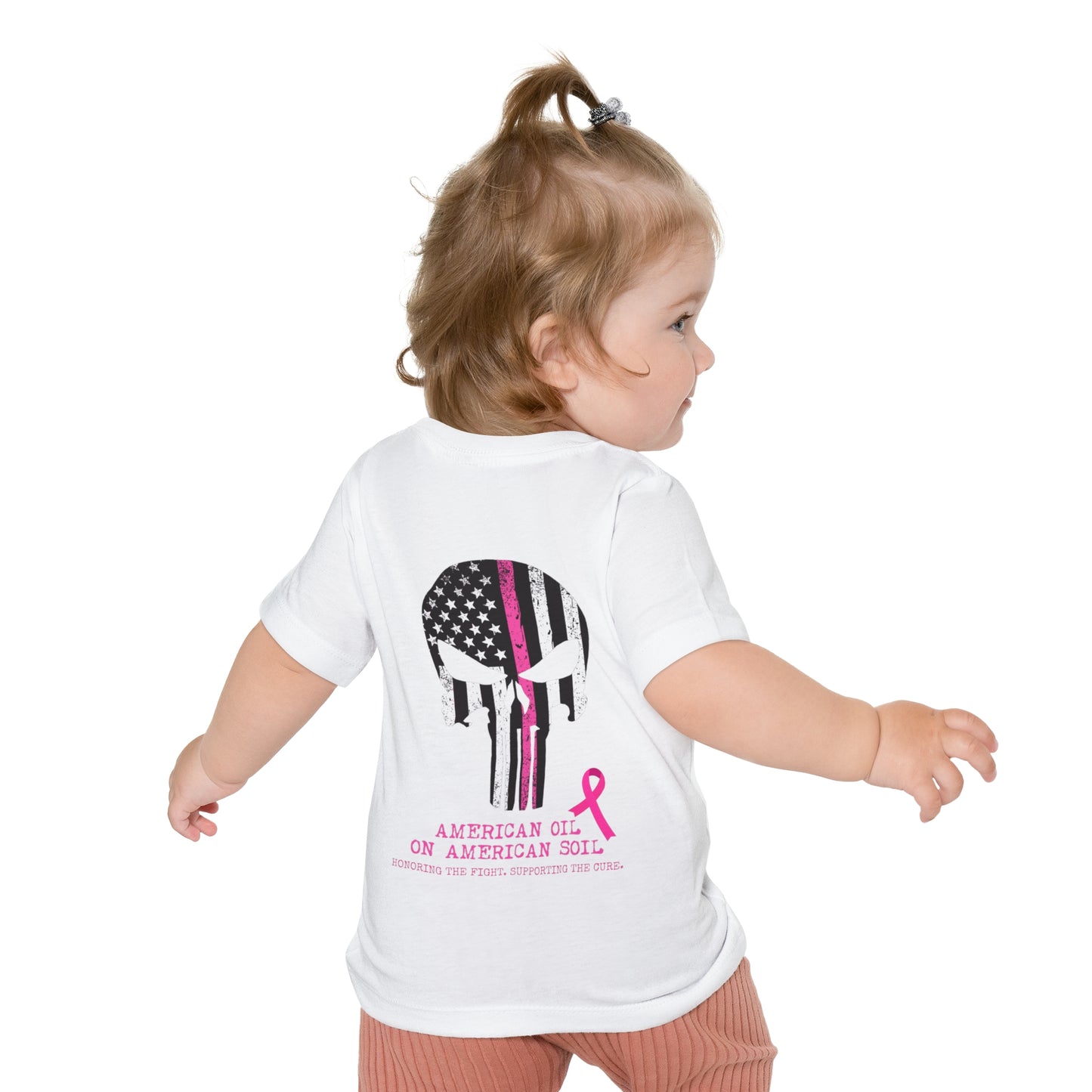 Baby T-Shirt — Pink Ribbon Punisher Skull "American Oil on American Soil"